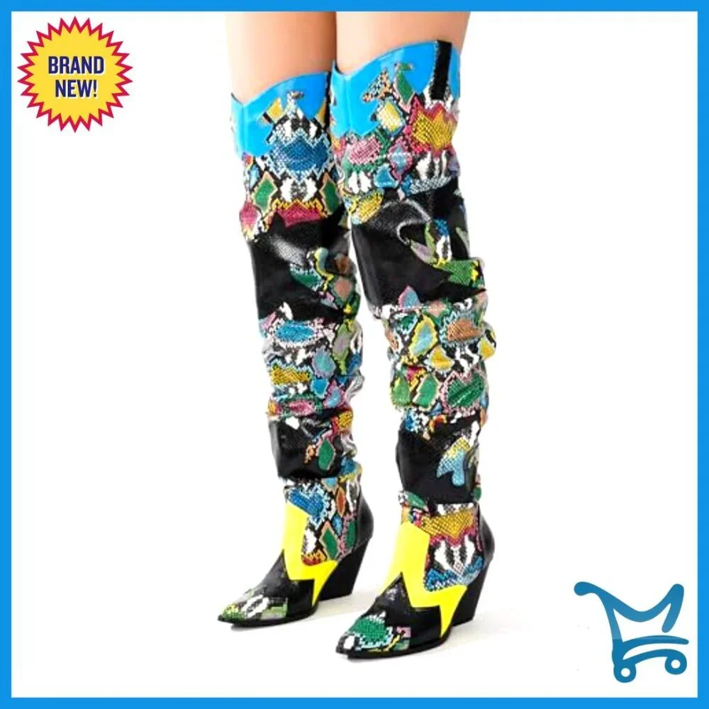 Thigh High Cowboy Boots with Chunky Heel, Slip Resistant, Faux Snakeskin